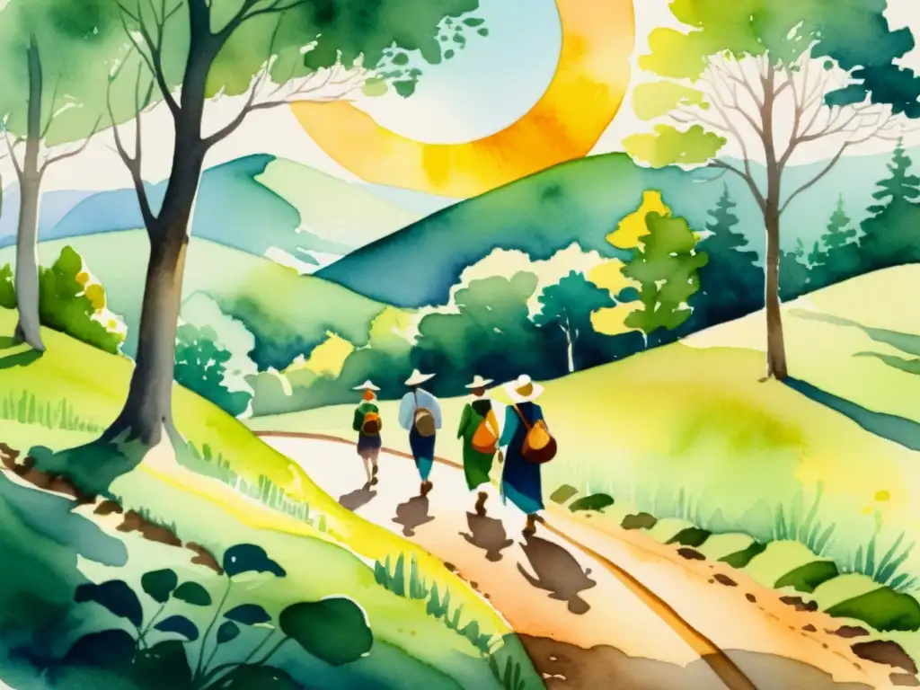 Peregrinos en el bosque: ilustración serena Un grupo de peregrinos camina por un sendero boscoso mientras el sol se filtra entre los árboles