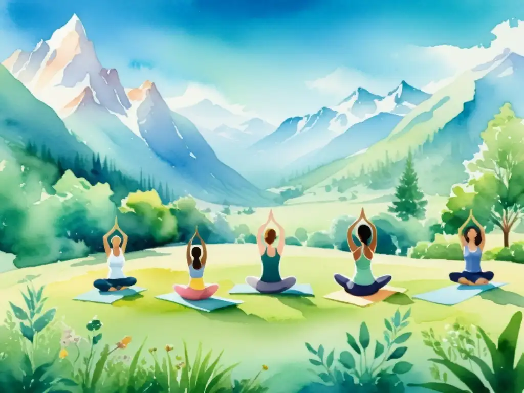 Yoga en la naturaleza: paz y serenidad en las montañas Un grupo de personas practicando yoga en un prado tranquilo y soleado entre montañas, evocando retiros espirituales de yoga