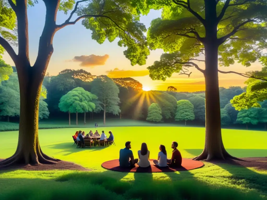 Claro de bosque: Celebrando el equinoccio en conexión espiritual Grupo en retiro espiritual celebra equinoccio en bosque sereno, bajo cálida luz dorada