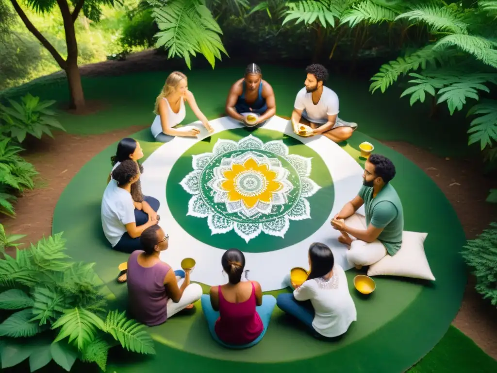 Armonía en la naturaleza: Creando mandalas Un grupo disfruta de retiros de pintura mandala espiritual en un entorno natural, sumergidos en su proceso creativo