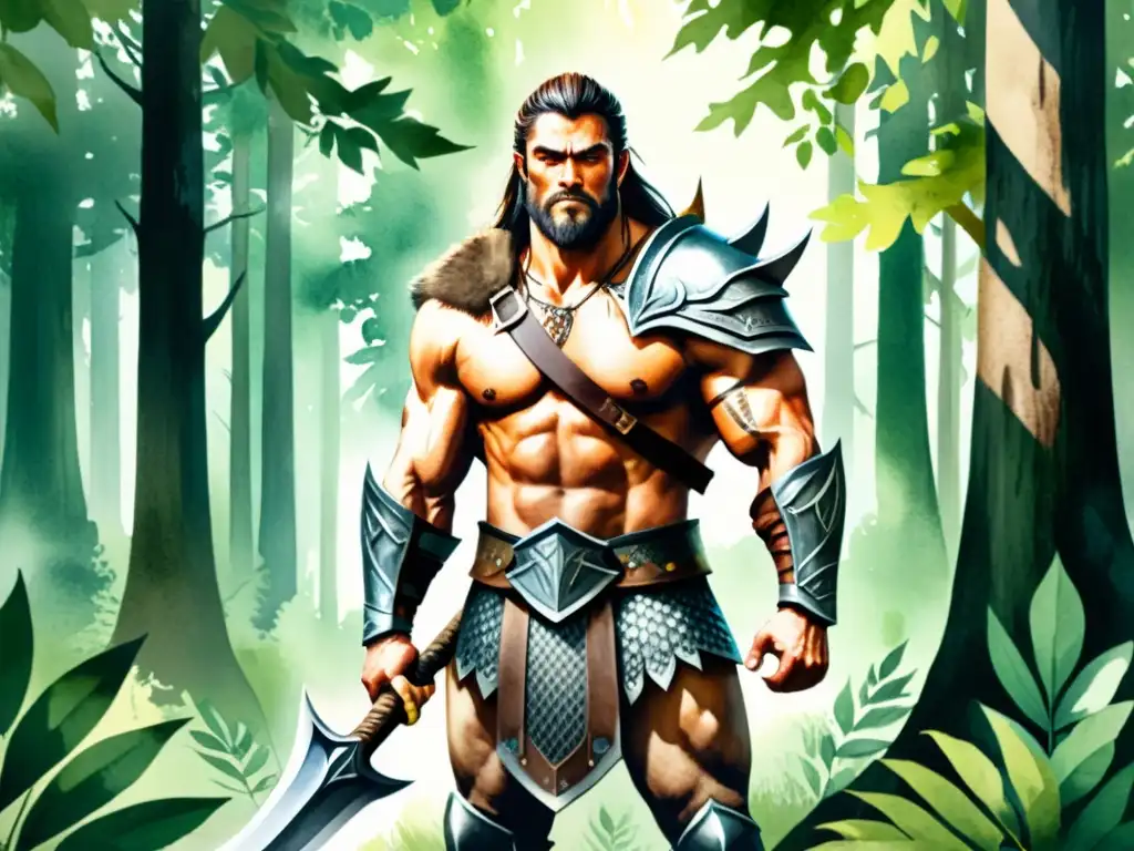 Berserker guerrero con hacha en el bosque Un guerrero berserker con fuerza y determinación, integración de fuerza guerrera y autoconocimiento en medio de un bosque sereno