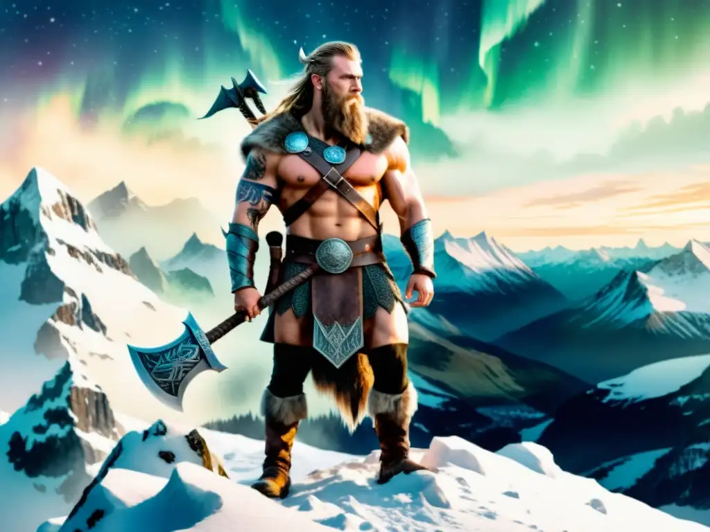 Viking berserker: ilustración acuarela 8k Un guerrero vikingo contemplativo y poderoso en las montañas nevadas, integrando fuerza, autoconocimiento y determinación