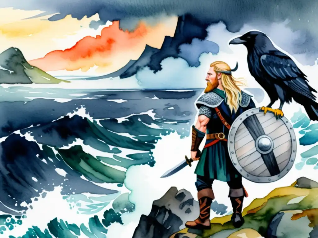 Retrato acuarela de un poderoso guerrero vikingo en la tormenta del mar Un guerrero vikingo de fuerza y autoconocimiento, contempla el mar tempestuoso desde un acantilado, con su drakkar y un cuervo a su lado