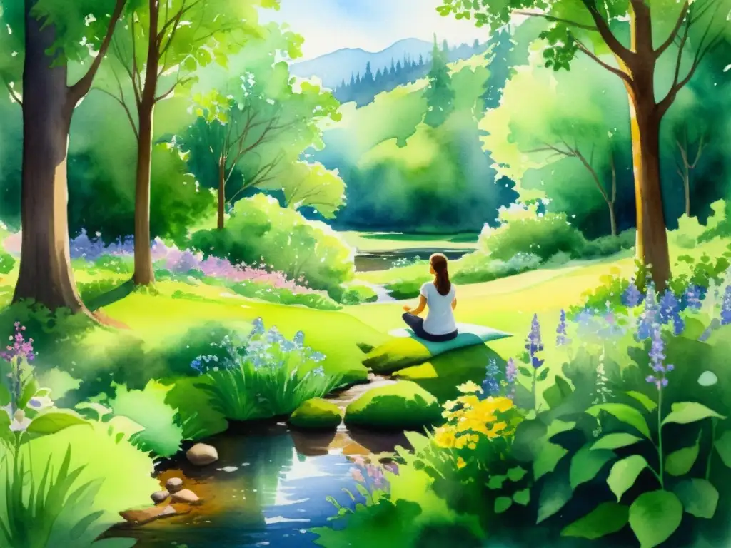 Retiro de meditación en el bosque: serenidad y paz Una hermosa acuarela de un apacible espacio de meditación en un claro de un frondoso bosque