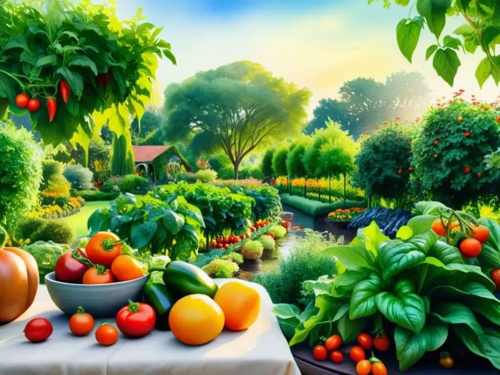 Jardín vegano: pintura acuarela de paz y alimentos orgánicos Una hermosa acuarela detallada de un jardín exuberante y tranquilo con frutas y verduras orgánicas