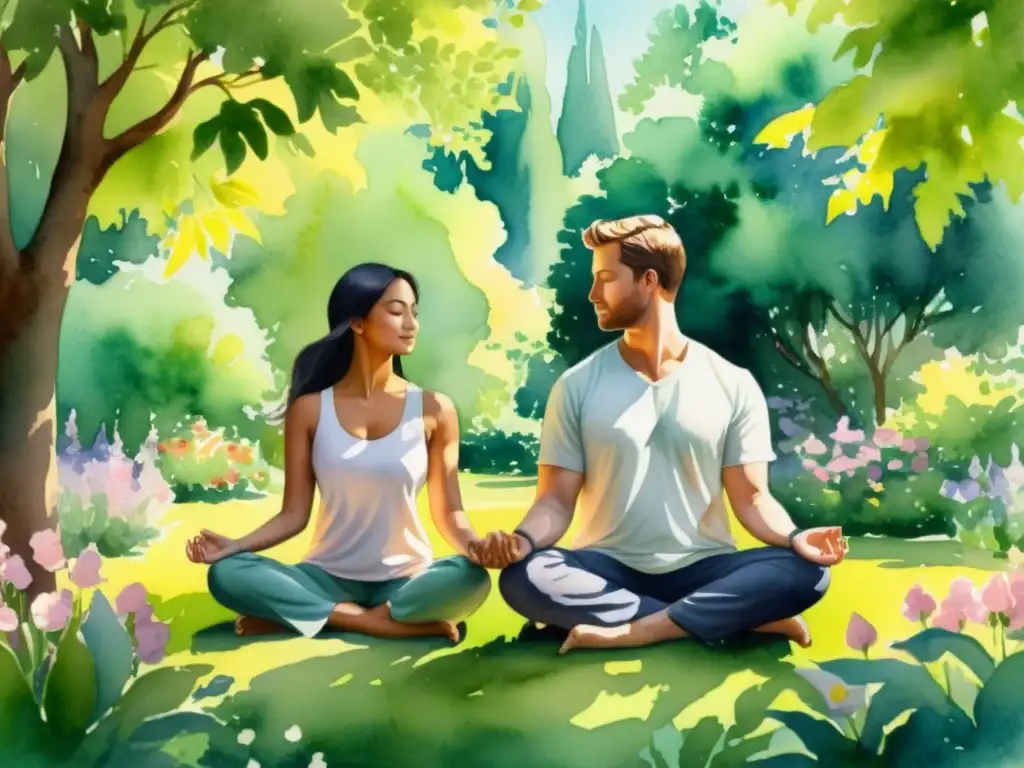 Una hermosa acuarela de pareja meditando en un jardín exuberante, rodeados de flores y árboles altos