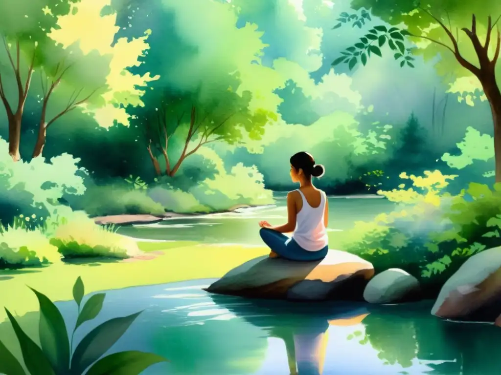 Retiro de meditación en acuarela: paz y serenidad Una hermosa acuarela de un retiro espiritual en la naturaleza, con tonos suaves que crean una atmósfera de calma y serenidad