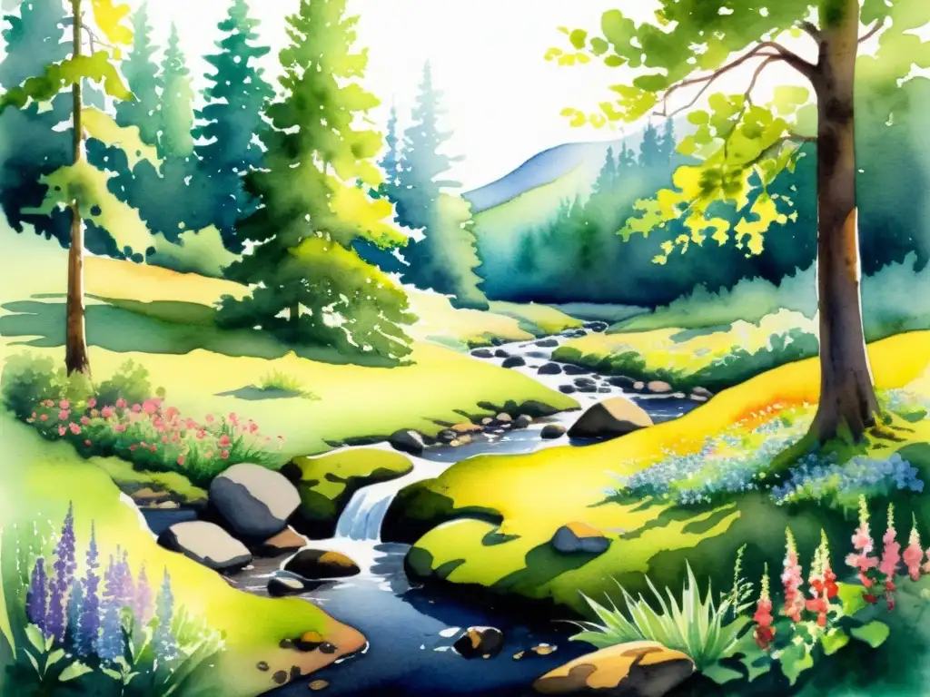 Una hermosa pintura acuarela de un claro forestal tranquilo, con luz solar entre los árboles y sombras en el suelo