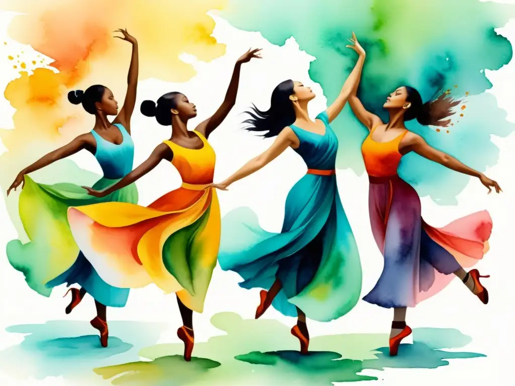 Danza fluida: Movimiento y conexión espiritual Una hermosa pintura acuarela de danza fluida y serenidad, capturando la esencia de retiros espirituales con movimiento consciente