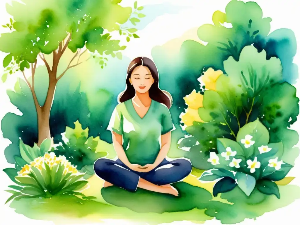 Una hermosa pintura acuarela de meditación con una persona en profunda introspección rodeada de naturaleza exuberante y flores en flor