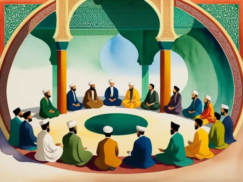 Pintura acuarela de Zikr Sufi: Serenidad y colorido Una hermosa pintura acuarela de una recitación sufí con un poder sanador que eleva el alma