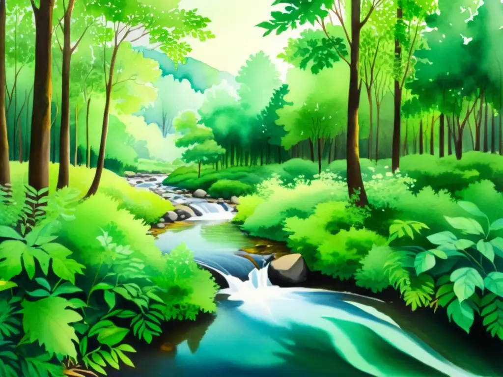 Pintura acuarela serena de un bosque tranquilo con arroyo Una hermosa pintura acuarela de un tranquilo bosque con arroyo