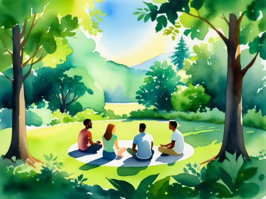Retiro espiritual en la naturaleza: conexión y reflexión Una hermosa pintura al agua que muestra un grupo en un retiro espiritual preparándose para una transición de carrera, en medio de la naturaleza serena