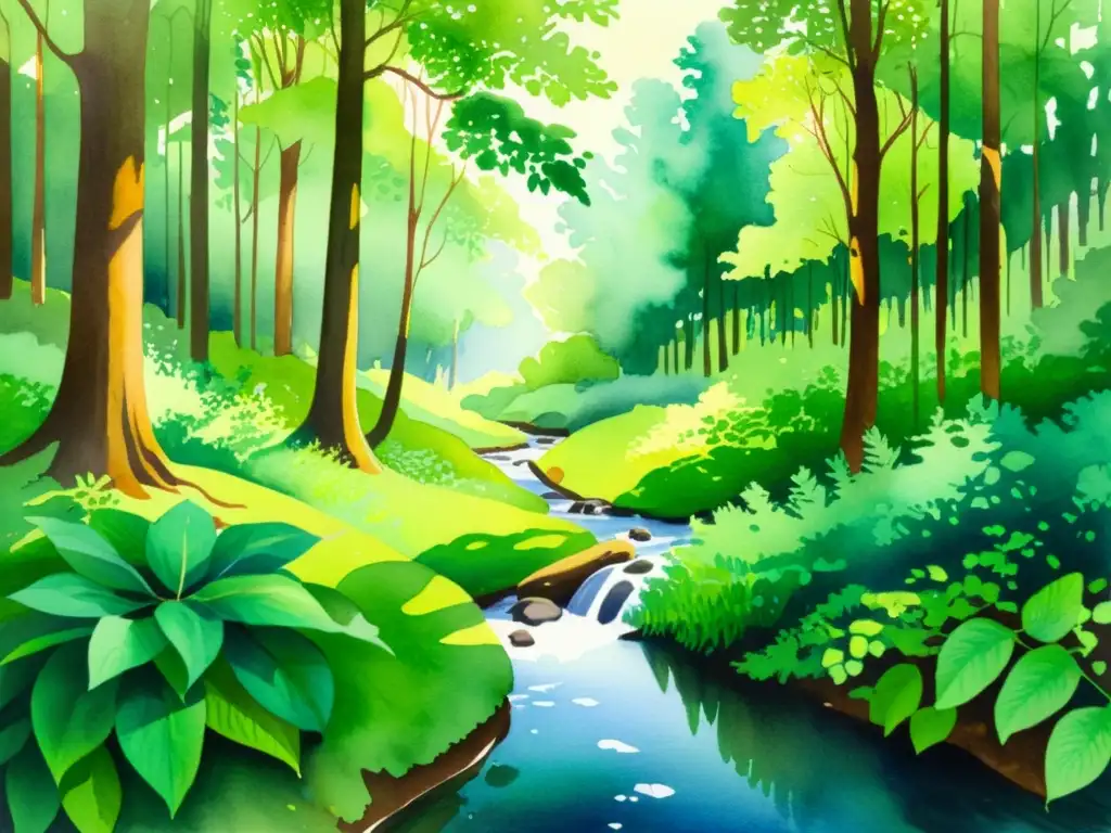 Bosque sereno: acuarela de la naturaleza en armonía Un hermoso cuadro acuarela de un bosque tranquilo, con luz solar filtrándose a través del dosel verde y creando un ambiente sereno
