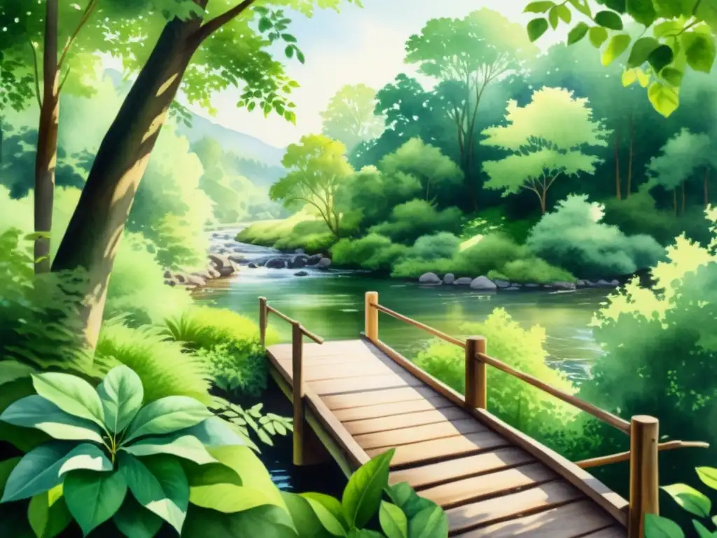 Un hermoso cuadro acuarela de un bosque exuberante con un río tranquilo