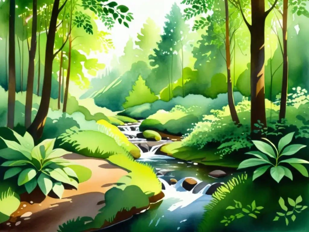 Bosque sereno: acuarela de naturaleza tranquila y luz dorada Un hermoso cuadro acuarela de un bosque sereno y exuberante con luz solar filtrándose a través de las hojas, creando patrones moteados en el suelo del bosque