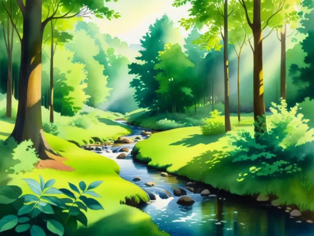 Un hermoso cuadro de acuarela que retrata un claro tranquilo en el bosque, con luz solar filtrándose a través del dosel y creando sombras moteadas en la exuberante vegetación