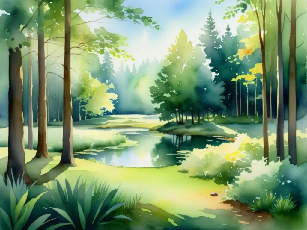 Serena pintura acuarela de un claro en el bosque Un hermoso cuadro acuarela de un claro boscoso tranquilo, con luz solar filtrándose a través de las hojas
