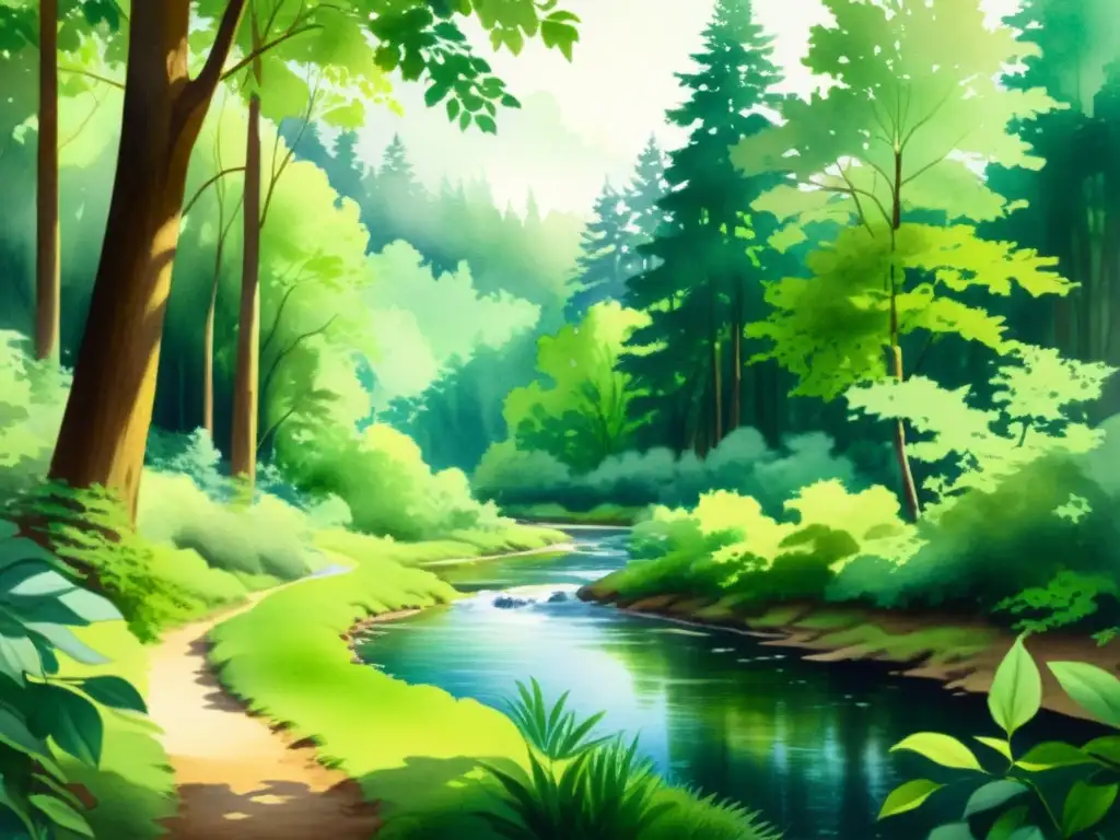 Un hermoso cuadro acuarela de un exuberante bosque verde con un río tranquilo