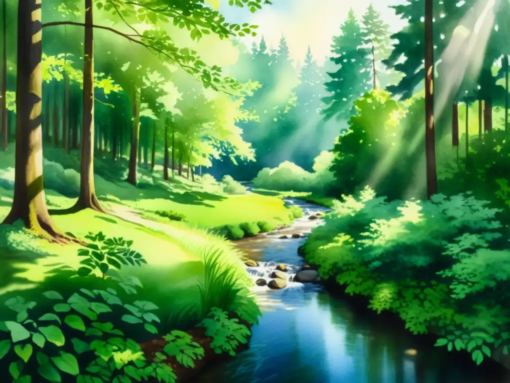 Bosque sereno: acuarela de naturaleza tranquila Un hermoso cuadro acuarela de un exuberante bosque verde con luz solar filtrándose a través de las hojas, creando sombras moteadas en el suelo