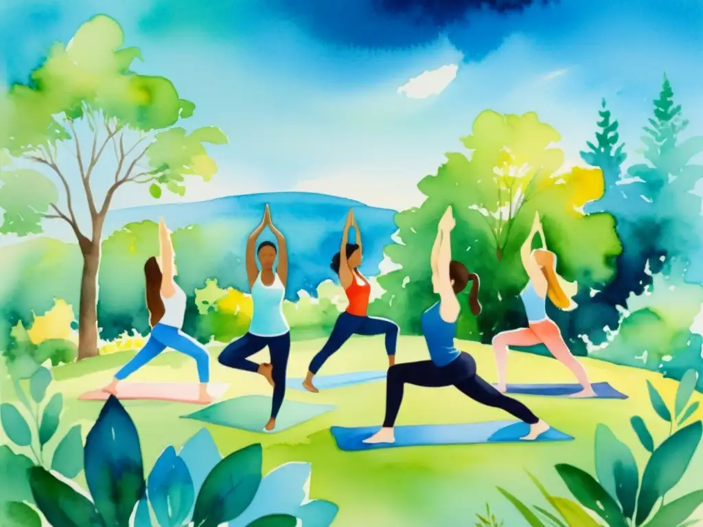 Armonía en movimiento: Danza y yoga en la naturaleza Un hermoso cuadro acuarela de personas en movimiento consciente en la naturaleza