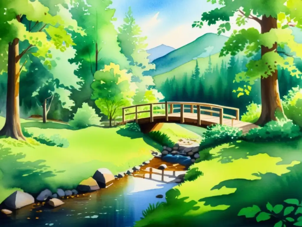 Cuadro acuarela: Bosque verde y apacible arroyo Un hermoso paisaje de acuarela de un exuberante bosque verde con un arroyo tranquilo, un puente de madera y una cabaña entre los árboles