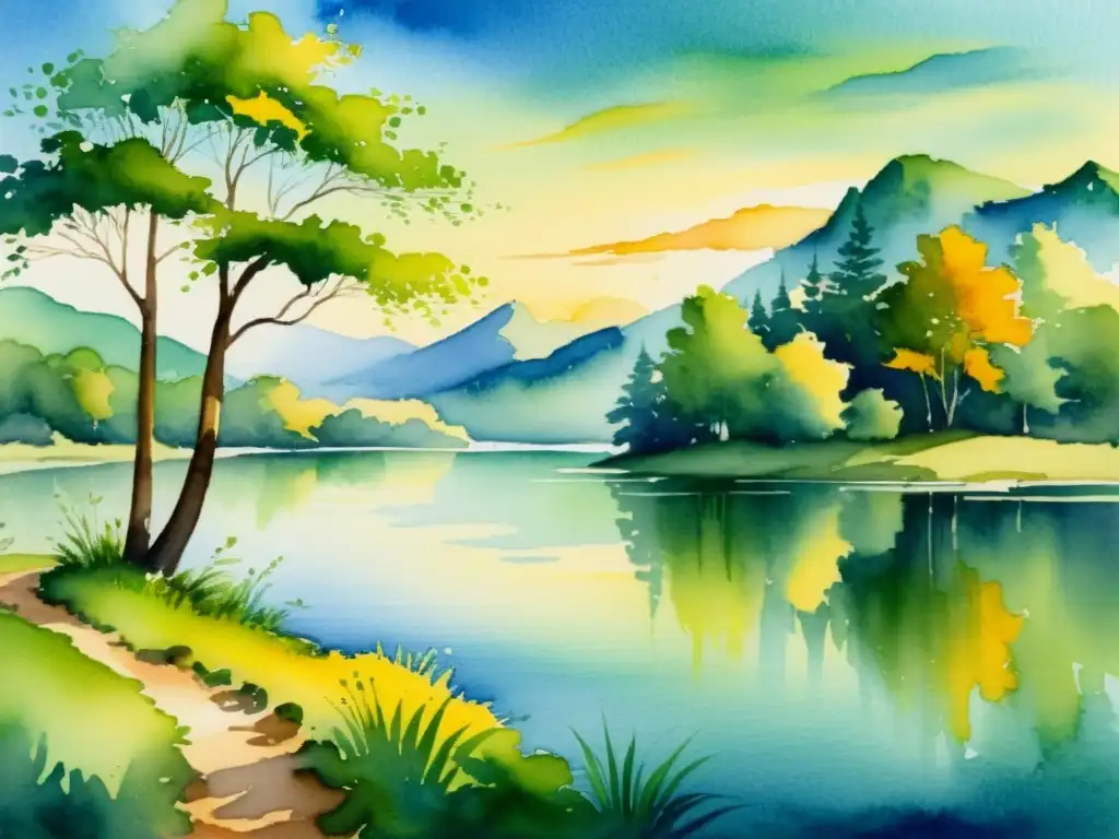 Retiro espiritual: atardecer en el lago Un hermoso paisaje de un lago tranquilo en medio de un exuberante bosque