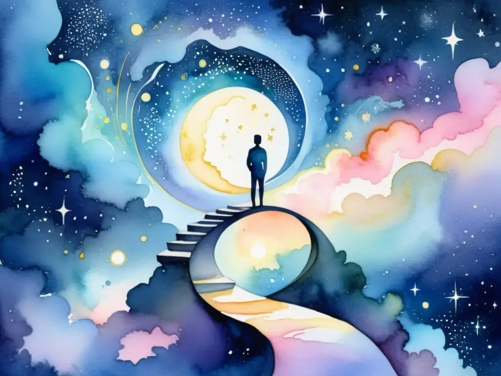 Figura en puente cósmico: meditación introspectiva Una ilustración acuarela hipnótica de una figura en un puente cósmico, rodeada de galaxias y nebulosas