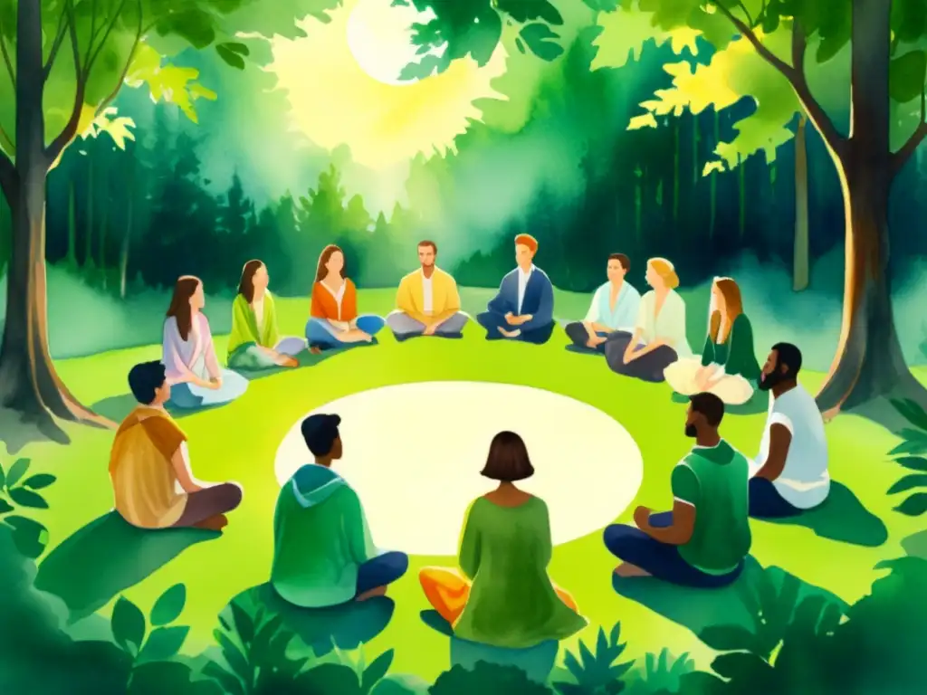 Exploración espiritual en el bosque: hipnosis y conexión ancestral Un hipnotista guía a un grupo en un retiro espiritual terapia vidas pasadas en un bosque sereno y luminoso