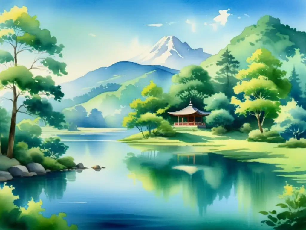 Retiro de meditación junto al lago Un idílico paisaje con lago sereno, colinas exuberantes y un retiro de meditación de estilo pagoda