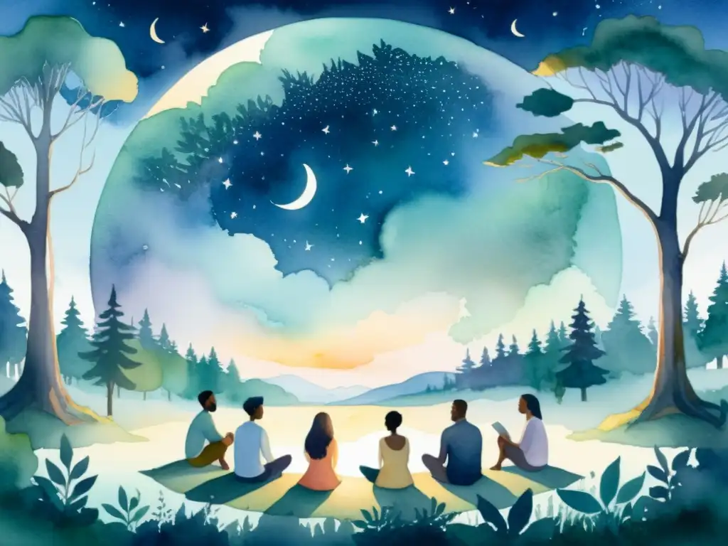 Reunión espiritual bajo la luna en el bosque encantado Una ilustración detallada en acuarela de un claro de bosque sereno y místico al anochecer, con la luna elevándose y proyectando un suave resplandor etéreo sobre el paisaje