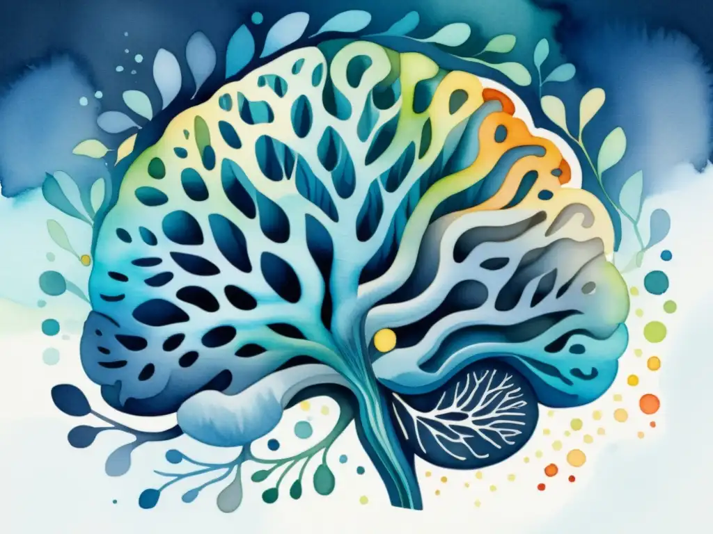 Ilustración detallada del cerebro: caos y serenidad Una ilustración detallada en acuarela de una sección transversal del cerebro, con colores vibrantes que representan las vías neurales y diferentes áreas del cerebro, rodeadas por ondas de sonido caóticas en tonos azules y grises