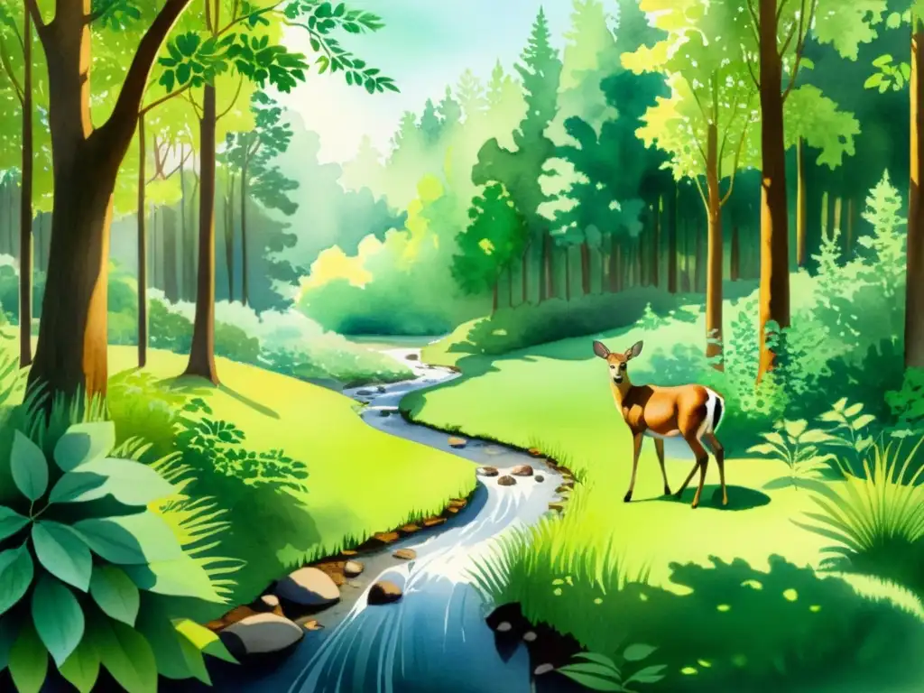 Bosque sereno: ilustración acuarela detallada Una ilustración acuarela detallada de un sereno y exuberante bosque, con luz filtrándose entre las hojas y creando sombras suaves en el suelo