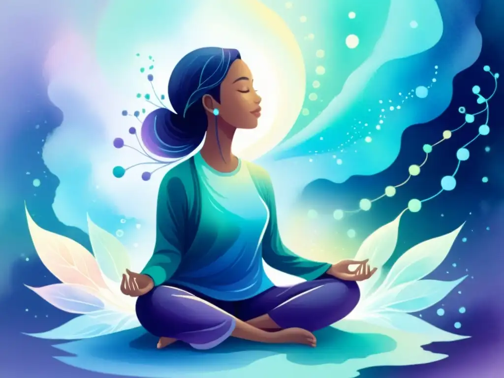 Mediación molecular: Serenidad en colores etéreos Una ilustración etérea de efectos meditación expresión genética
