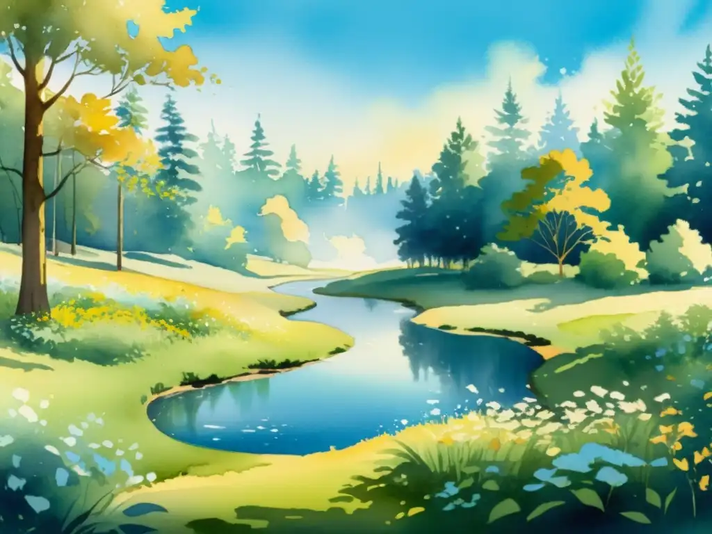 Retiro espiritual en el bosque: armonía y serenidad Una ilustración serena y acuarelada de un claro boscoso tranquilo, iluminado por suave luz dorada