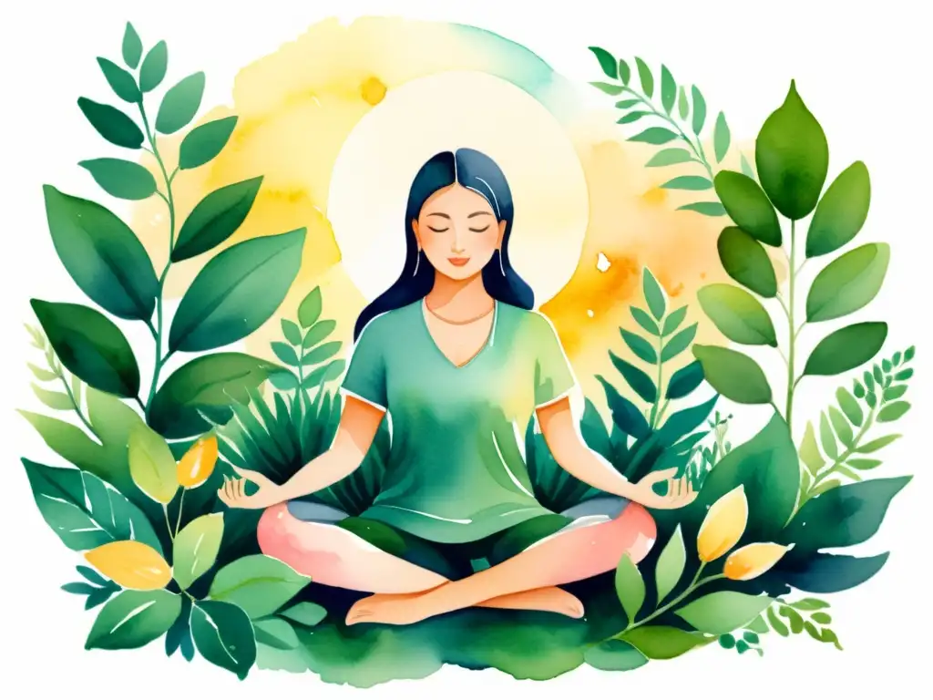 Meditación serena entre exuberante naturaleza: ilustración acuarela Una ilustración serena y etérea de meditación, rodeada de exuberante vegetación