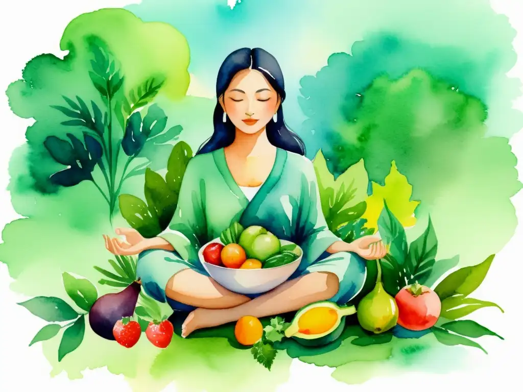 Armonía en meditación con frutas y verduras Una ilustración tranquila en acuarela de una persona meditando entre exuberante vegetación, sosteniendo un tazón de frutas y verduras