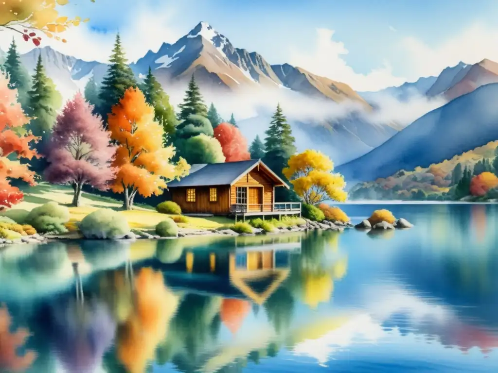 Imagen en acuarela 8k de un apacible refugio junto al lago en Nueva Zelanda, rodeado de montañas neblinosas y un cálido bosque otoñal