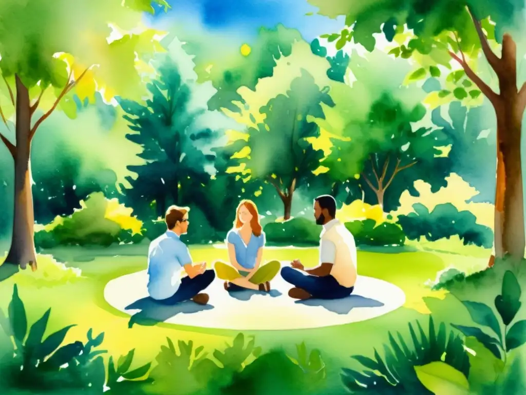 Retiro espiritual para líderes: círculo de reflexión empresarial Imagen de acuarela: ejecutivos en retiro espiritual en un entorno sereno y exuberante