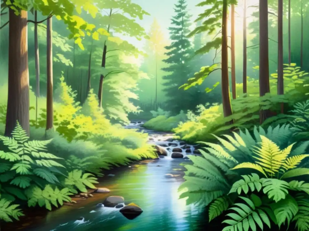 Armonía en el bosque: acuarela serena y natural Imagen de un bosque sereno en acuarelas, invita a la consciencia ambiental y mindfulness con su belleza natural y tranquila