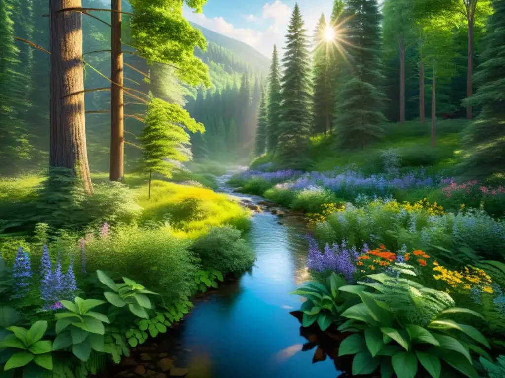 Bosque sereno: arroyo y naturaleza exuberante Imagen de un bosque sereno y exuberante con un arroyo claro fluyendo en el centro, rodeado de árboles verdes vibrantes y flores silvestres coloridas