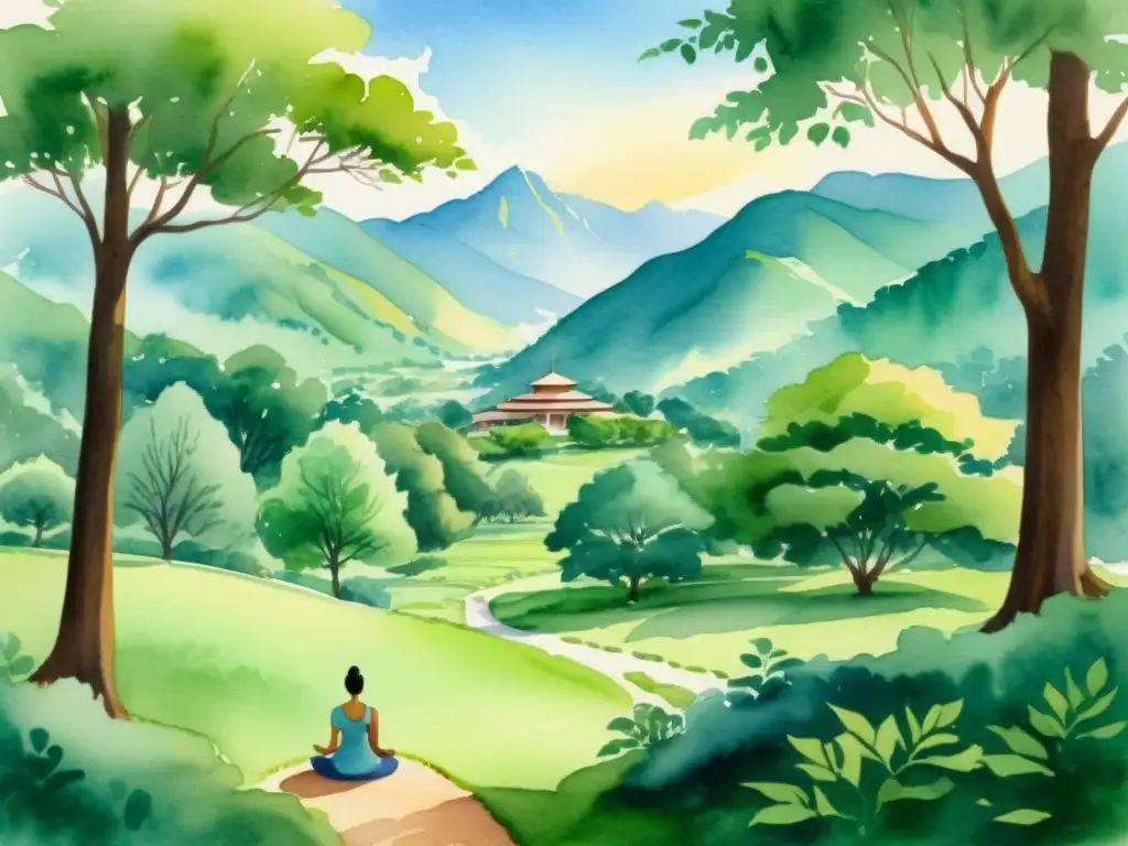 Retiro de meditación Vipassana: paisaje sereno en acuarela Imagen de un centro de retiro Vipassana en las montañas, con practicantes meditando en silencio bajo árboles