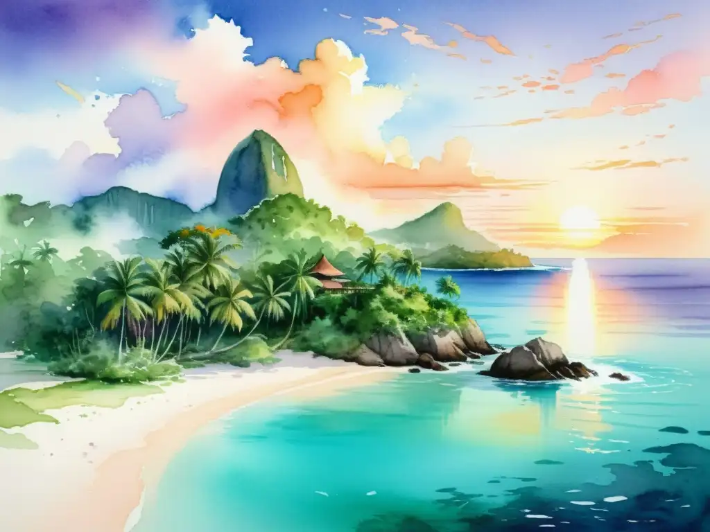 Isla tropical: retiro espiritual en paraíso natural Imagen de un detallado cuadro acuarela de una remota isla con vegetación exuberante y aguas turquesas