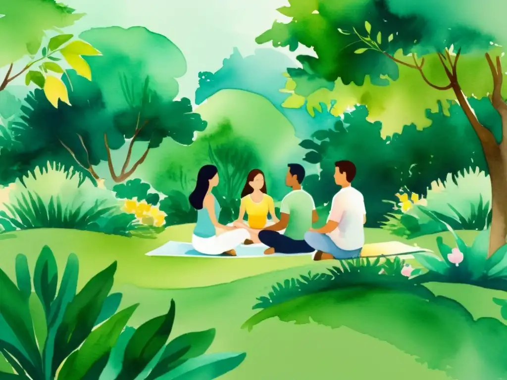 Retiro espiritual: Movimiento consciente en el jardín Imagen de un grupo en retiros espirituales con movimiento consciente, meditando en un jardín sereno y exuberante