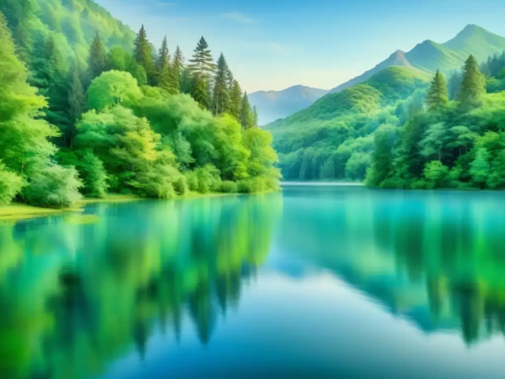 Tranquilo lago en un bosque exuberante Imagen de un lago sereno en un bosque exuberante, reflejando la naturaleza