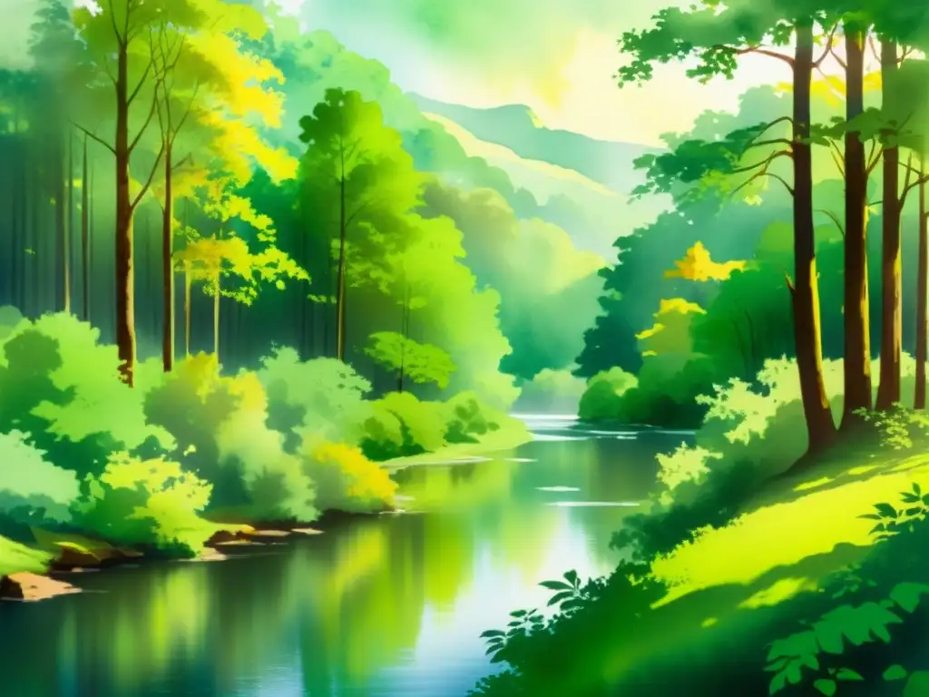 Imagen de un paisaje sereno y exuberante, con un río tranquilo y luz dorada