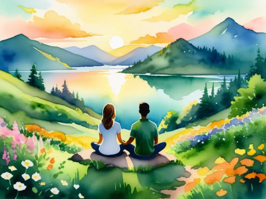 Meditación en la montaña: amor y serenidad en acuarela Imagen de pareja en meditación en la naturaleza con lago al atardecer, ideal para retiros espirituales para renovación personal