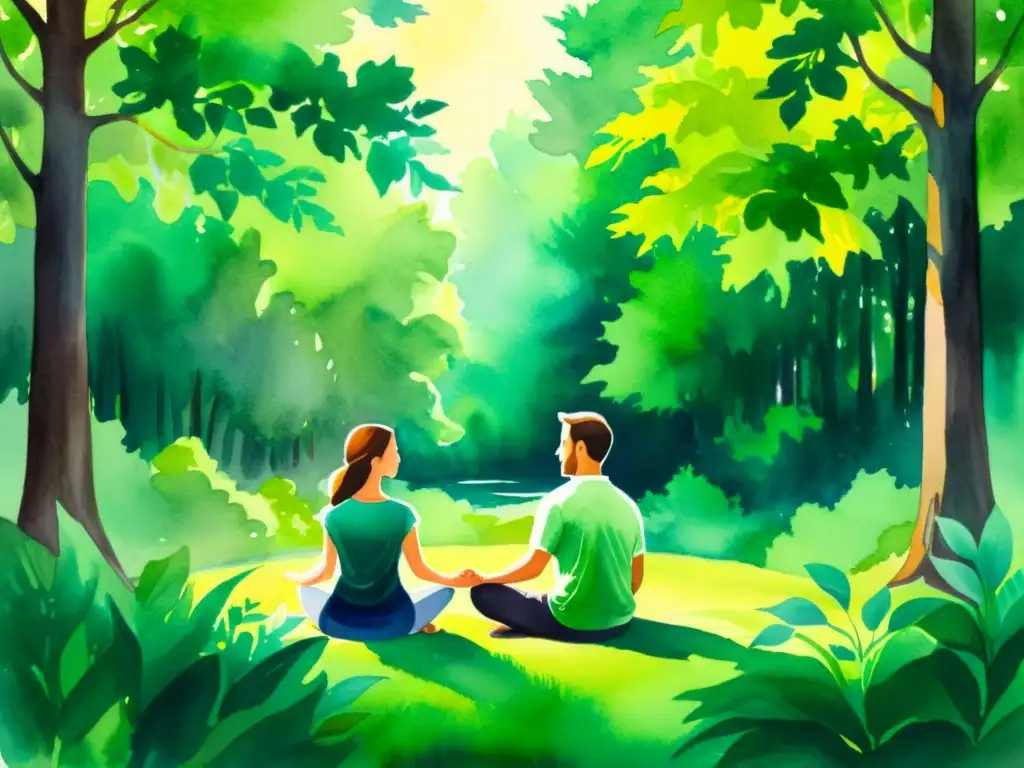 Retiro espiritual en pareja: meditación en el bosque Imagen de pareja en retiro espiritual, meditando en un claro del bosque