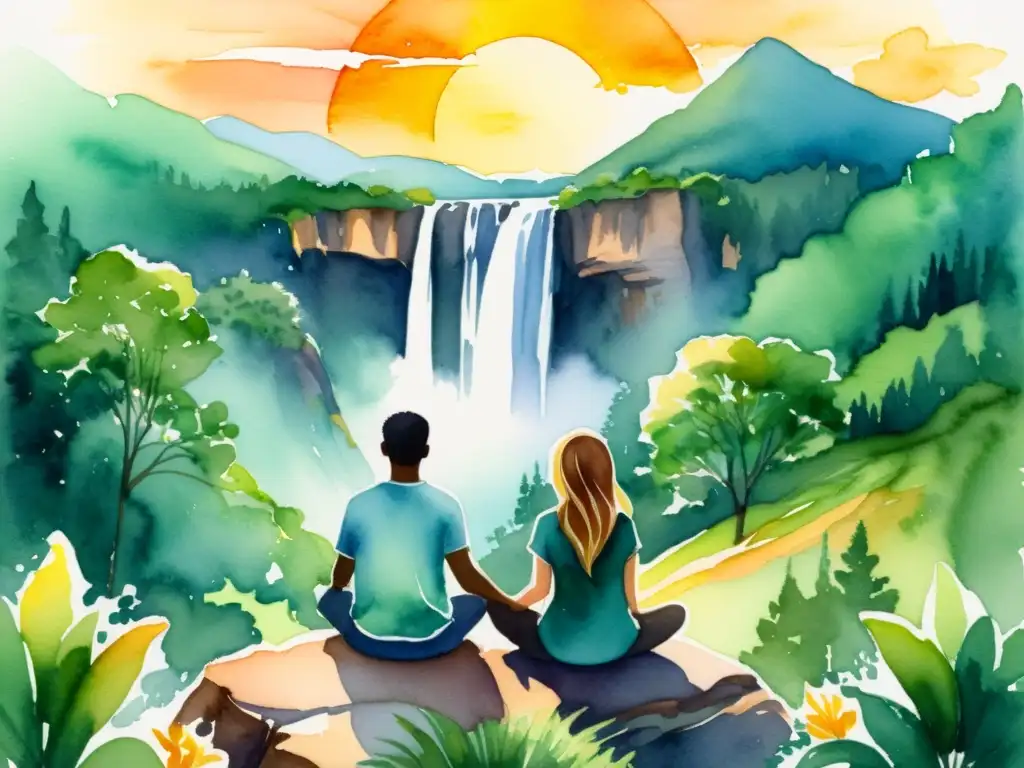 Pintura acuarela: Pareja en la cima de la montaña al atardecer Imagen de una pintura acuarela serena de una pareja en un retiro espiritual en la cima de una montaña, rodeados de naturaleza exuberante y cascadas