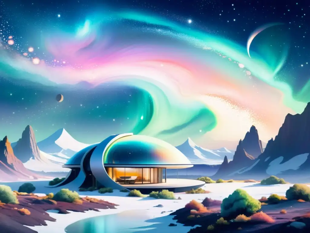 Retiro futurista en el espacio: pintura acuarela Imagen de un retiro espiritual futurista en un paisaje exuberante, con personas practicando introspección y renovación personal